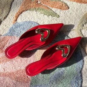 Maeve Red Mules with Gold Heart Detail